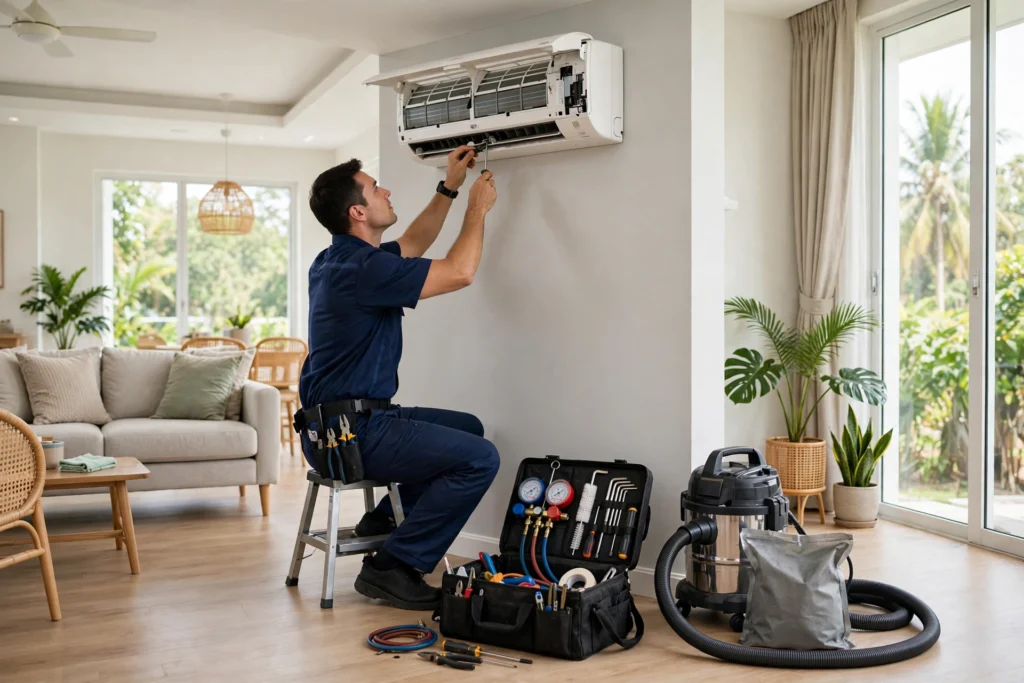 Aircon technician servicing a wall-mounted air conditioner in Malaysia