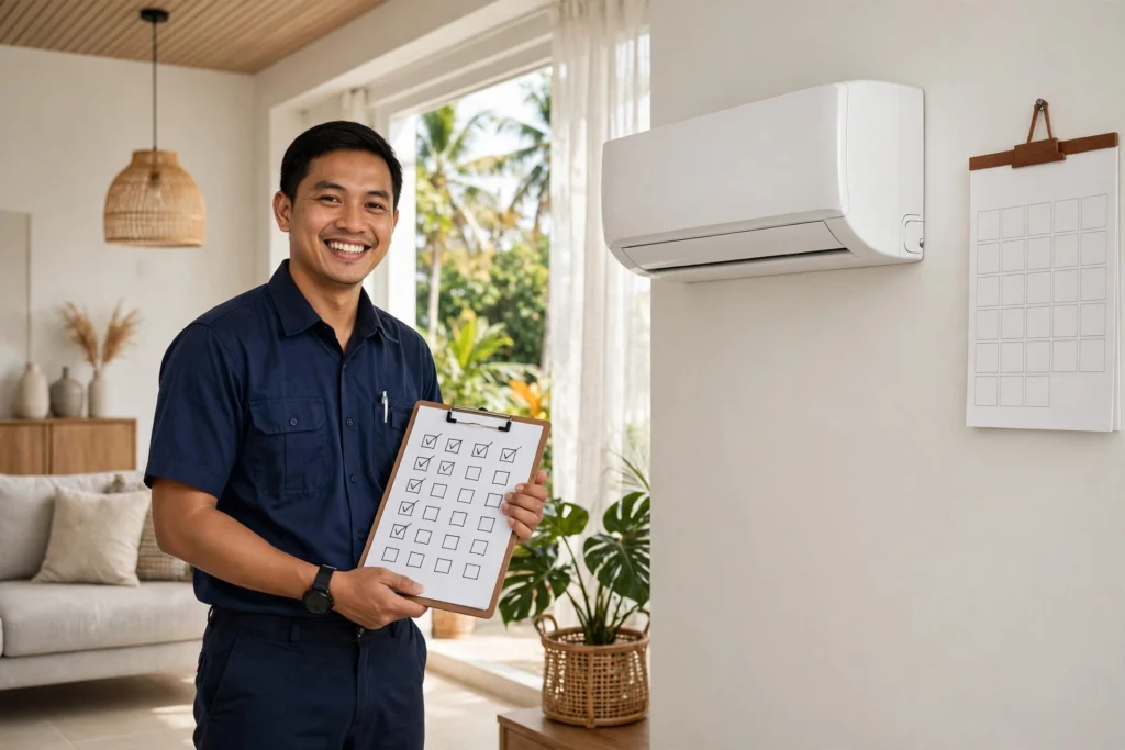 Aircon technician with maintenance checklist beside a clean air conditioner